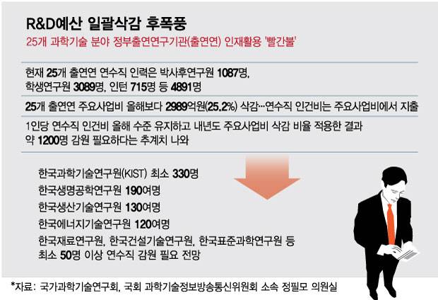 내년도 정부 R&D(연구·개발)예산안이 25조9000억원으로 편성될 경우 25개 과학기술 정부출연연구기관(출연연)에서 대규모 신진연구자 감원이 불가피한 것으로 추산됐다.  / 그래픽=김현정 디자인기자