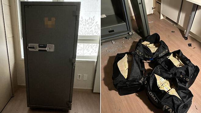 검찰이 찾아낸 현금 40억 원이 놓여 있던 비밀 금고(왼쪽)와 압수한 현금. 40억 원(오른쪽)