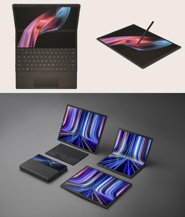 출시를 앞둔 HP '스펙터 폴더블'(위 사진)과 2022년에 나온 에이수스 '젠북 17 폴드 OLED'. 모두 접을 수 있는 OLED 화면에 키보드를 붙이면 노트북으로 활용할 수 있는 형태다. 각 사 제공