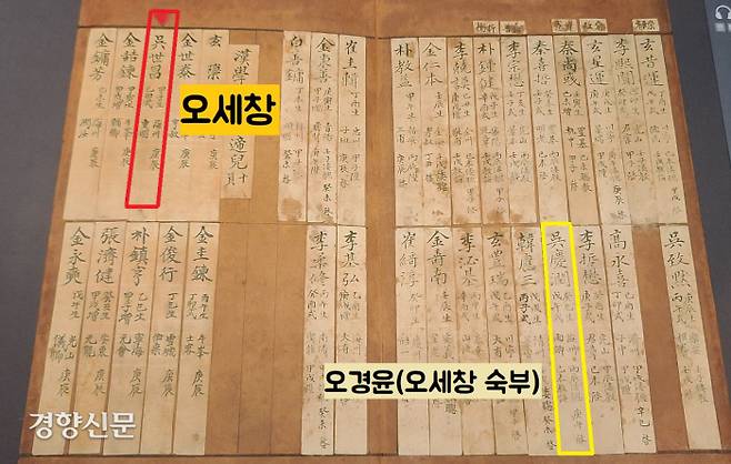 통번역 업무를 담당한 관원 명단을 적은 <통문관 관안>. 여기서 1879년 역과에 합격한  위창 오세창의 이름이 보인다. 오세창의 숙부인 오경윤(1833~?)도 포함되어 있다. 오세창의 가문은 8대째 역관 출신 가문이었다.
