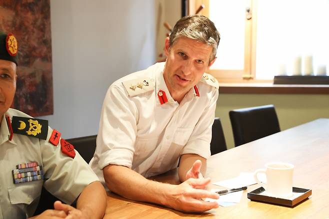 Colonel Hugo T. Lloyd, chief of staff of the UK's 6th Division, speaks during a roundtable interview with The Korea Herald in Seoul. (Park Chan-young/UN Women)