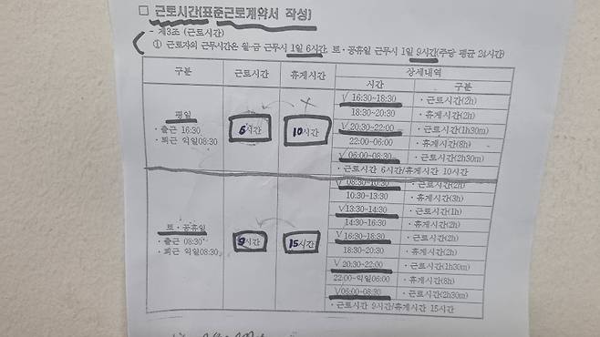 한 초등학교 당직경비원의 근무일정표. 근로시간보다 휴게시간이 길다. ⓒ시사저널 이해람