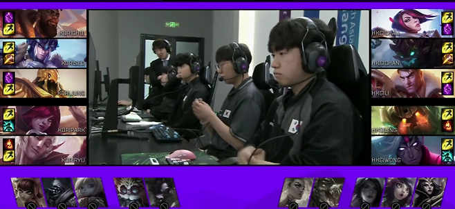 ▲ 2022 항저우 아시안게임 e스포츠 리그오브레전드 종목에 출전하는 선수들은 국가명에 아이디가 아닌 성을 붙여 출전했다. 25일 홍콩전 중계화면