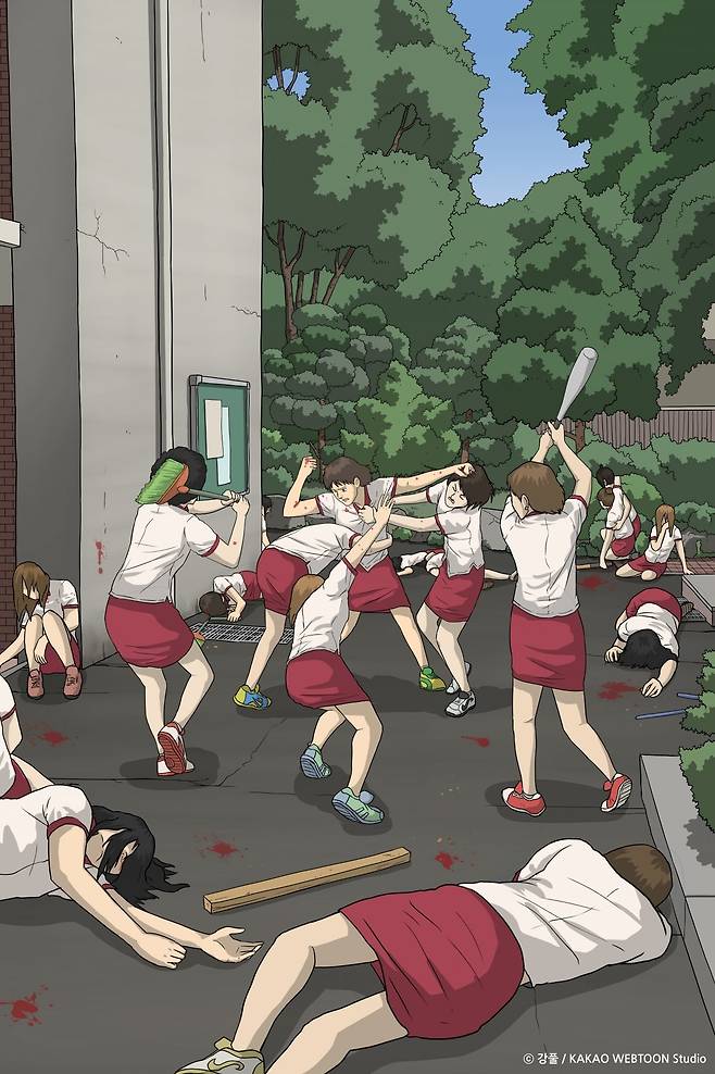 만화 ‘무빙’에서 희수가 정원고등학교로 전학오기 전 일진들과 싸우는 장면.  카카오엔터테인먼트 제공