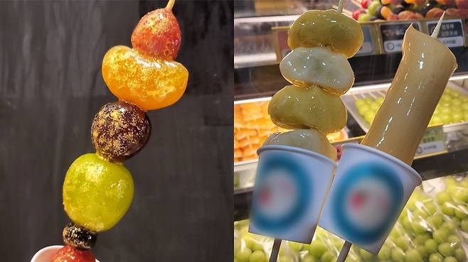 ‘이색 탕후루’로 입소문이 난 서울 강남구 청담동의 한 탕후루 전문점. 사진은 ‘골드 토핑’을 올린 탕후루(좌)와 송편·인절미떡 탕후루(우). /사진 = MBN 김가은, 서예림 인턴기자