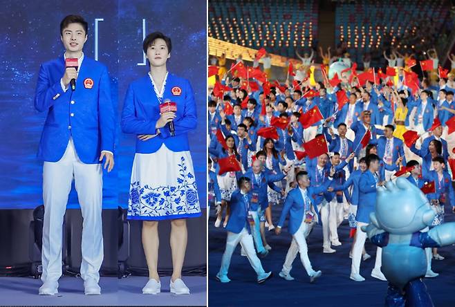 항저우 아시안게임 중국대표팀 단복(왼쪽). 23일 오후 중국 항저우 올림픽 스포츠센터 스타디움에서 열린 2022 항저우 아시안게임 개회식에서 중국 선수단이 입장하고 있다(오른쪽). [지우무왕ⓒ] [연합]
