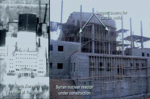 북한의 영변 핵시설(왼쪽)과 시리아 핵 시설. 두 건물의 크기와 구조가 비슷하다. 시리아의 핵 개발을 차단하기 위해 이스라엘은 2007년 시리아 핵시설을 전투기로 폭파했다. /백악관