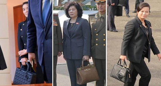 김정은 북한 국방위원장의 여동생 김여정(왼쪽), 최선희 외무상(가운데), 현송월 선전선동부 부부장이 각각 핸드백을 든 모습. NK뉴스, 조선중앙통신