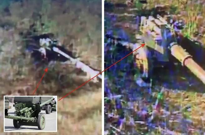 우크라이나군 소속 드론 전문가가 전장 정찰 중 발견한 러시아군 무기. 1940년대 당시 소련군이 쓰던 85mm D-44 야포의 모습