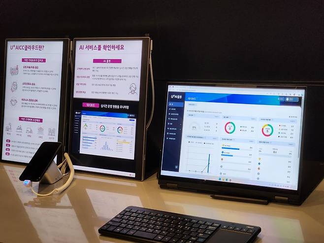 LG유플러스가 용산사옥에 마련한 DX솔루션 체험관 'Biz DX+'에서 U+ AI콜봇과 U+ AICC클라우드를 소개하고 있다. 사진=구자윤 기자