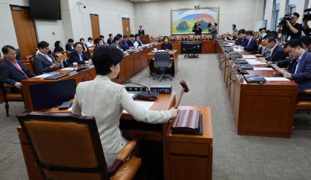 4일 여의도 국회에서 열린 정무위원회 전체회의에서 백혜련 정무위원장이 의사봉을 두드리고 있다. 연합뉴스