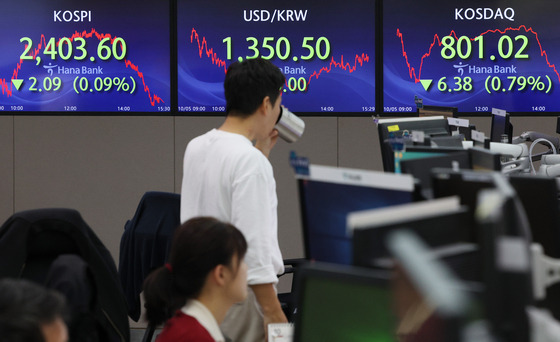 Screens in Hana Bank's trading room in central Seoul show the Kospi closing at 2,403.60 points on Thursday, up 0.09 percent, or 2.09 points, from the previous trading session. [YONHAP]