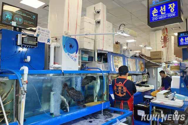 일본 오염수 방류,횟집 방사능 계측 시스템 설치일본 후쿠시마 원전 오염수의 2차 해양 방류가 개시된 5일 서울 동작구 노량진수산물도매시장 한 점포에 방사능 계측 시스템이 설치되어 있다.