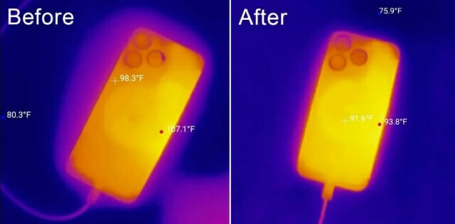 미국 지디넷이 iOS 17.0.3 업데이트 전후 아이폰15 프로 모델의 온도를 측정해 비교했다. (사진=미국 지디넷)