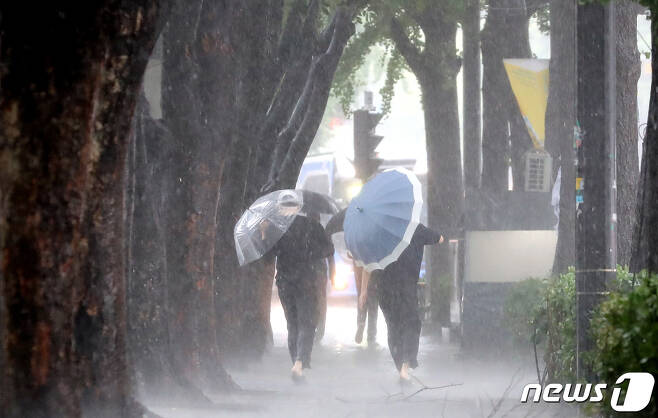 지난 8월 10일 오전 서울 종로에서 시민이 우산으로 비바람을 막고 있다. 2023.8.10/뉴스1 ⓒ News1 장수영 기자