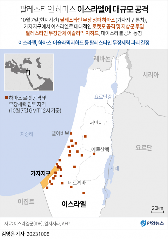 이스라엘 총리실은 8일(현지시간) 성명을 통해 자국을 기습공격한 팔레스타인 무장정파 하마스와 무장단체 이슬라믹 지하드를 겨냥한 공식적인 전쟁 진입을 선언했다.  하마스는 유대 안식일인 전날 새벽 이스라엘을 겨냥해 수천발의 로켓포를 쏘고, 대원들을 침투시켰다.