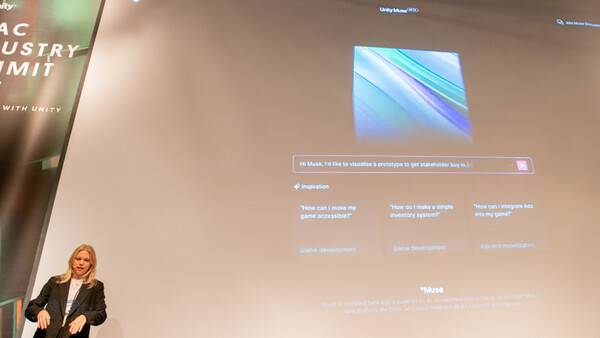 마티나 요하네손 유니티 시니어 테크니컬 프로덕트 매니저가 지난 5일&nbsp;서울 강남구 그랜드 인터컨티넨탈 서울 파르나스에서 개최된 '유니티 APAC 인더스트리 서밋 2023'에서 유니티의 대화형 AI(인공지능) 솔루션 '유니티 뮤즈 챗'을 활용해 프로토타입 데모 제작을 시연하고 있다. (사진=안신혜 기자)
