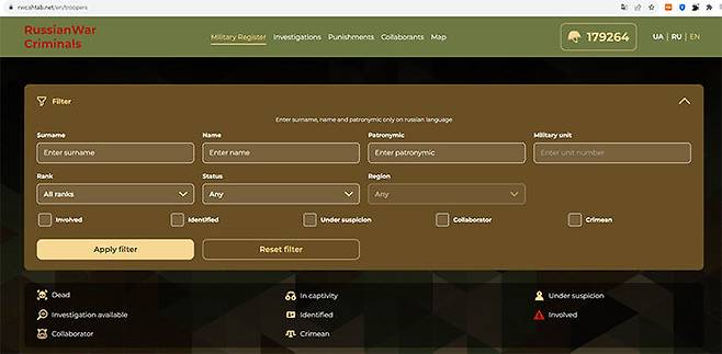 우크라이나 언론사 슬릿스트보 인포가 제작한 '러시아 전범 카탈로그' 사이트