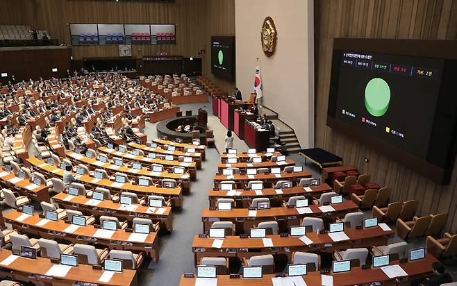 4월27일 서울 여의도 국회에서 열린 본회의에서 간호법안(대안)에 대한 수정안이 재석 181명, 찬성 179명, 반대 0명, 기권 2명으로 통과되고 있다. ⓒ시사저널 박은숙