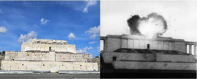 채플린 광장 건물 밖 모습. 제2차 세계대전이 끝나면서 연합군은 광장 건물 가운데에 있던 나치 상징을 파괴했다. 나치 상징이 폭파되는 사진은 종전을 알리는 대표적인 모습으로 남았다. 왼쪽은 현재 채플린 광장 모습, 오른쪽은 폭파 당시 사진. [독일 나치 기록연구소 제공]