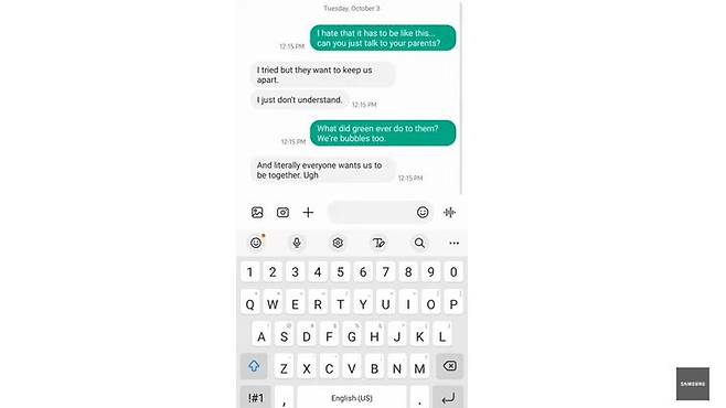 삼성전자의 '초록 방울과 파랑 방울은 함께하기를 바란다. 애플이 도와라' 광고. (사진=삼성전자 미국법인 유튜브 캡처) *재판매 및 DB 금지