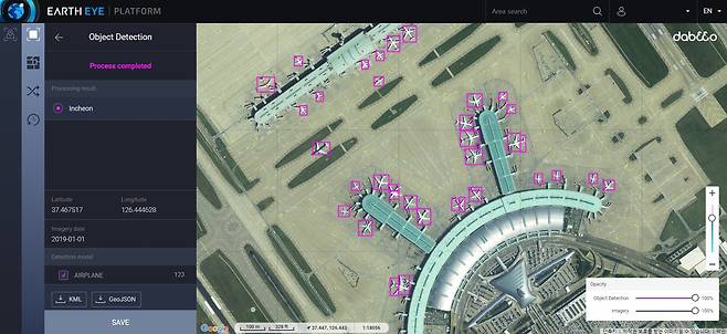 위성 이미지 기반 지상 객체를 탐지하는 다비오의 AI 서비스 어스아이(Eartheye). 사진제공=다비오