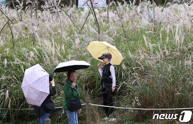 서울 마포구 하늘공원을 찾은 시민들이 우산을 쓰고 걷고 있다. 2023.10.8/뉴스1 ⓒ News1 김민지 기자