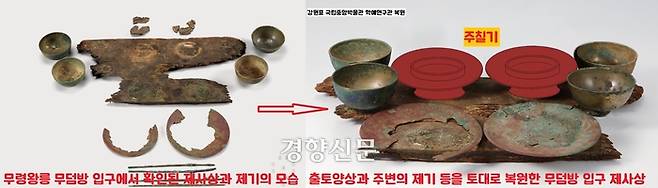 무령왕릉 무덤방 입구  쪽에서 확인된 나무판(제사상)과 나무판 위의 제기 자국을 토대로 복원해본 제사상. 가장 큰  두 점의 그릇은 칠기그릇으로 추정된다.|강원표 국립중앙박물관 학예연구관 제공