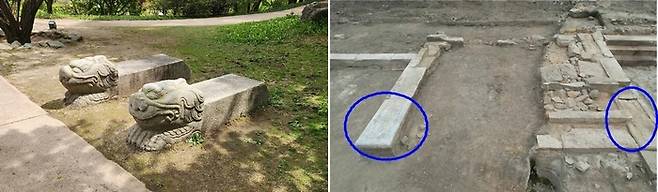 고 이건희 삼성그룹 회장 유족이 기증한 광화문 월대 장식 서수상(왼쪽)과 발굴조사 과정에서 확인된 서수상이 놓였던 자리(원). 문화재청 제공
