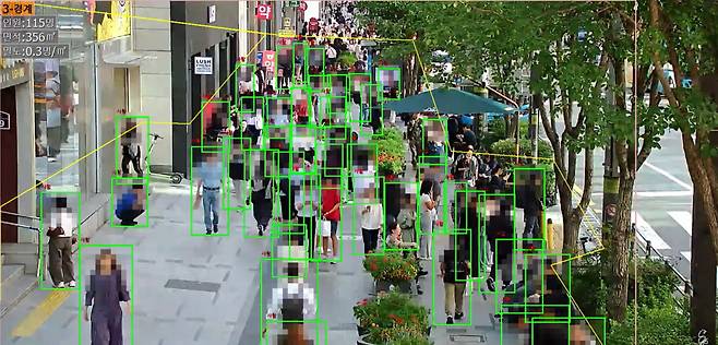 Software installed in a surveillance camera detects people walking on a street in Songpa-gu, southern Seoul. (Seoul Metropolitan Government)