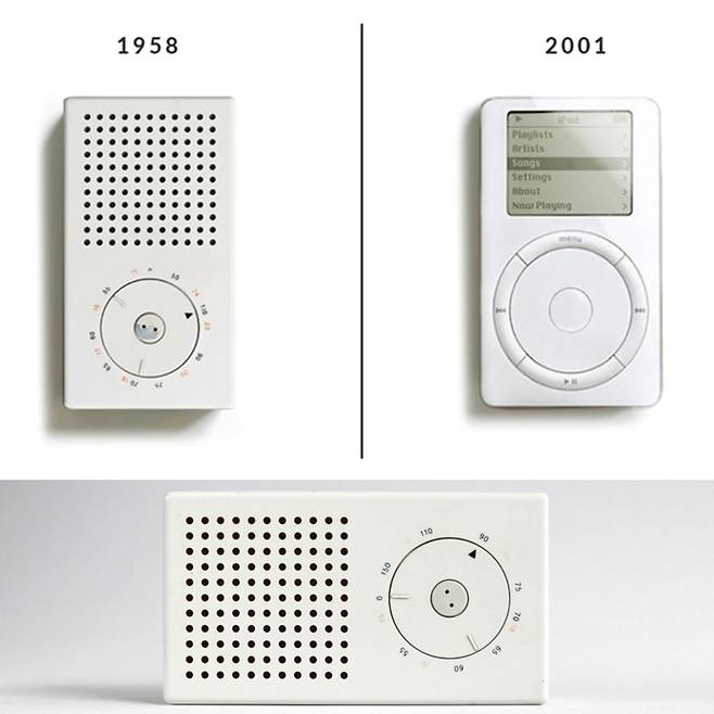 1950년대부터 유행했던 바우하우스 디자인 라디오와 20세기 애플의 아이팟(iPod) 비교. 아이팟이 바우하우스 디자인을 계승했다고 봐도 무방하다.