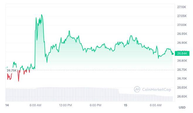 지난 14일 비트코인 가격은 2만7000달러까지 올랐으나, 현재 다시 2만6000달러 후반 대로 떨어졌다.
