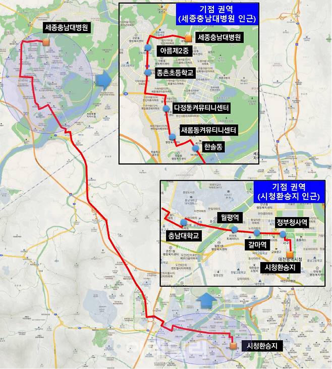 세종-대전 M버스 노선 운행도