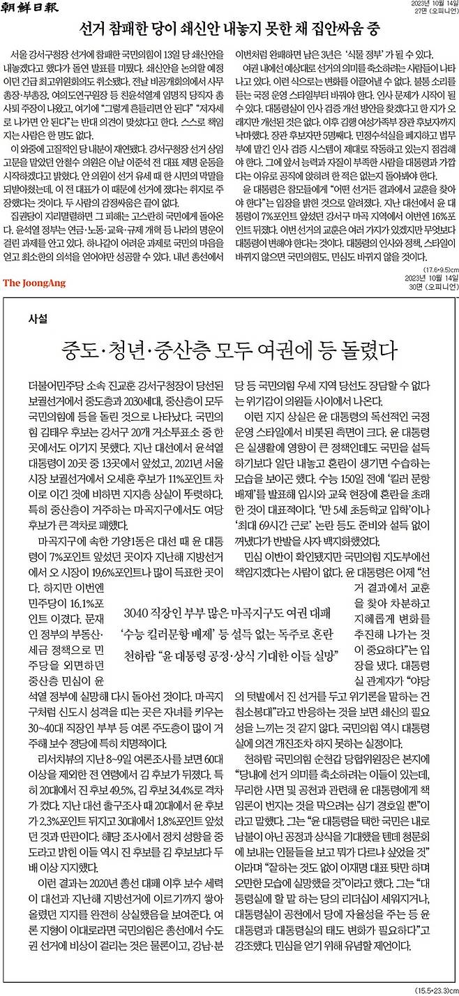 ▲ 14일자 조선일보, 중앙일보 사설