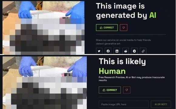 12일(현지시간) 토니 블링컨 미국 국무부 장관이 이스라엘을 방문해 네타냐후 총리와 회담한 후 이스라엘 총리실은 “하마스 괴물에 의해 살해되고 불태워진 아기들의 끔찍한 사진”이라며 3장의 사진을 공식 소셜미디어(SNS)에 올렸는데, 그 중 일부와 관련해 인공지능(AI)이 만든 가짜 사진 의혹이 불거졌다. 미국의 AI기업 옵틱이 제공하는 AI 사진 판별 서비스(aiornot)에 따르면 이스라엘 총리실발 불에 탄 아기 시신 사진은 AI 사진일 가능성(위)이 존재한다. 일각에는 특정 강아지 사진을 아기 시신 사진으로 둔갑시킨 것이라는 주장도 있다. 다만 아직 초기 단계 서비스라 해당 사진이 실제 시신 사진일 가능성(아래)도 함께 있는 것으로 나타났다. 2023.10.16 aiornot 입력 결과