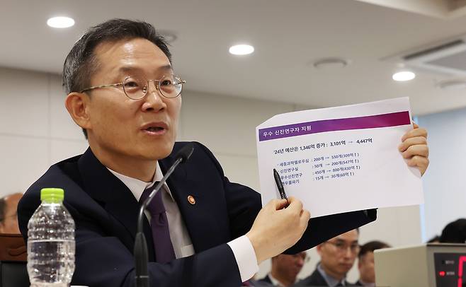 이종호 과학기술정보통신부 장관이 10월 11일 오후 세종시 정부세종청사에서 열린 국회 과학기술정보방송통신위원회의 과학기술정보통신부, 우정사업본부 등에 대한 국정감사에서 R&D 예산 삭감과 관련한 의원 질의에 답변하고 있다. /연합뉴스