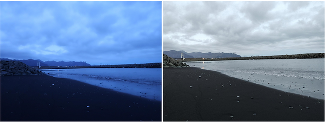 아이슬란드 다이아몬드 비치 전경. 갤럭시Z플립5(왼쪽)로 찍은 사진은 전체적으로 푸른빛을 내고 모토로라 레이저40울트라(오른쪽)로 촬영한 사진은 있는 그대로의 모습이 담겼다.ⓒ데일리안 남궁경 기자