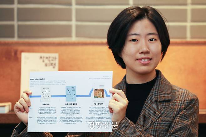 읽고 싶거나 새로운 분야의 책을 읽기 위한 ‘독서 로드맵’을 제작해 서비스한 신희수씨를 지난 6일 서울 마포구 까페창비에서 만났다. 독자에게 제공한 ‘독서로드맵’을 들어보이고 있다. 한수빈 기자