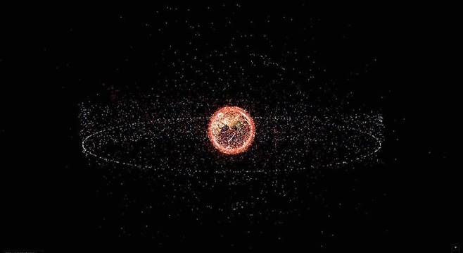 지구 주변에 둘러 싸인 인공우주물체. 흰 점은 인공위성, 파란 점은 우주발사체 잔해, 붉은 점은 그 외 인공우주물체의 잔해다. 현재 우주에는 운용 중인 인공위성보다 임무를 마치고 궤도를 떠도는 우주 쓰레기가 더 많다. / 사진=한국천문연구원