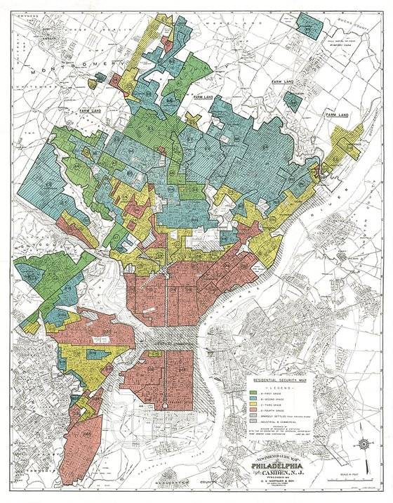 미국의 인종차별적 거주 분리 사례인 레드라이닝(redlining) 사례를 보여주는 필라델피아의 주거 보안 지도. 1930년대 미국 연방 주택청은 소수 민족이 집중적으로 거주하는 지역을 주택 담보 대출을 제한하는 구역(붉은 구역)을 설정했는데, 이 지역에서는 개발이 이뤄지지 않으면서 거주 여건이 더욱 악화하는 악순환을 겪게 됐다. [위키피디아]