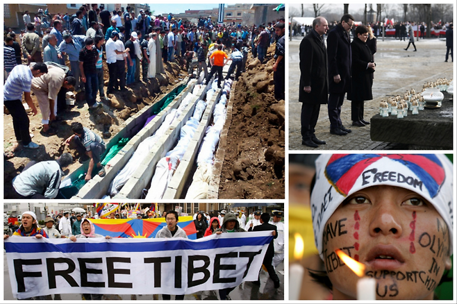 시간을 통제하는 자가 역사를 지배하게 된다고 이 소설은 주장합니다. 왼쪽 위부터 시계방향으로 2012년 시리아군 포격으로 사망한 희생자의 집단 매장지 모습(로이터·연합뉴스), 2019년 홀로코스트 추모 행사에서 아우슈비츠 강제수용소 희생자 추모비에 고개를 숙인 모습(AP·연합뉴스), 2008년 인도 북부 찬디가르에서 티베트 망명자가 시위에 참석한 모습(로이터·연합뉴스), 2008년 반중국 집회에서 친티베트 지지자들이 깃발을 들고 시위하는 모습(로이터·연합뉴스).