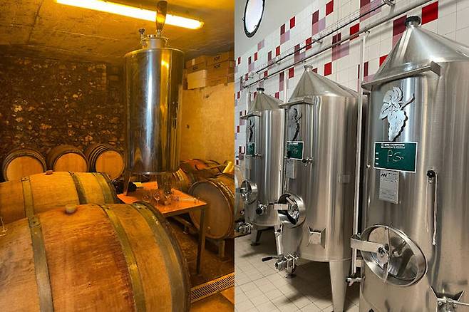 샹파뉴 와이너리들에서 사용되는 다양한 소재의 숙성(발효) 통. 한 와이너리에서 오크와 스테인리스 소재의 숙성 통을 모두 사용하기도 한다.