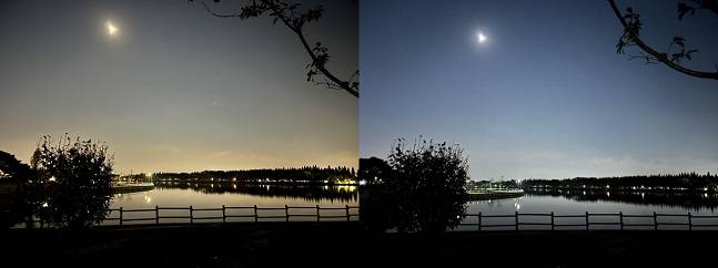 아이폰13 프로(왼쪽), 아이폰15 플러스(오른쪽)로 촬영한 야간 사진. 오른쪽 사진이 더 밝고 선명하다./사진=백유진 기자 byj@