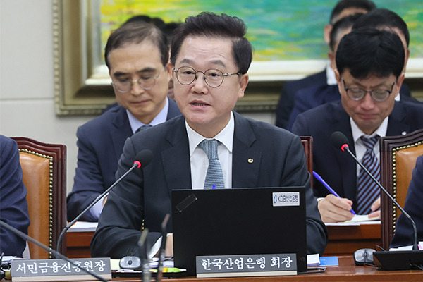 Kang Seok-hoon, chairman of the Korea Development Bank says during a National Assembly audit session. [Photo by Yonhap]