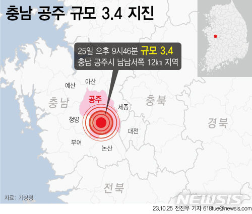 [서울=뉴시스] 25일 오후 9시46분30초 충청남도 공주시 남남서쪽 12㎞ 지역에서 규모 3.4의 지진이 발생했다. (그래픽=전진우 기자) 618tue@newsis.com