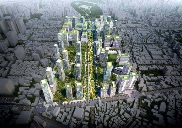 서울시 세운재정비촉진지구 개발 이후 예상도. 남쪽에서 바라본 모습으로 예상도 중심부에 진양상가를 시작으로 인현상가~PJ호텔~삼풍상가~대림상가~청계상가~세운상가가 위치한 지역이 녹색 공원으로 이어지고 북쪽 끝에 종묘가 보인다. 서울시 제공