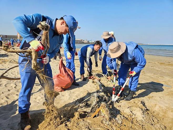 포스코퓨처엠 임직원들이 10월23일 반려해변인 포항 청림해변에서 해양쓰레기 수거활동을 진행하고 있다. ⓒ포스코퓨처엠