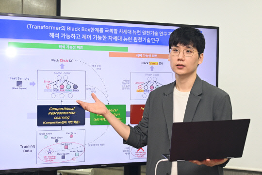 ETRI가 젊은 연구자의 열정적·창의적 연구환경 조성을 위해 처음 시행한 '차세대 주역 신진연구 사업'에 선정된 김현 언어지능연구실 선임연구원이 '해석 가능하고 제어 가능한 차세대 뉴런 원천기술'에 대해 설명하고 있다. 



ETRI 제공