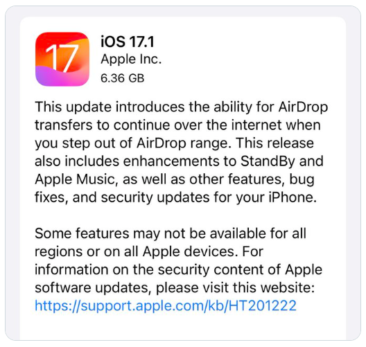 애플이 아이폰 운영체제 iOS 17.1을 출시했다. 사진=트위터 Apple Hub