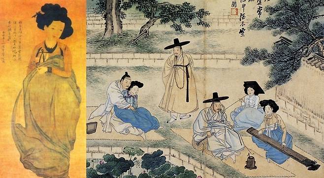 왼쪽은 국립도쿄박물관 소장 ‘미인도’(작자미상). 오른쪽은 신윤복의 ‘청금상련’. 기녀는 물론이고 의녀들까지 행사에 동원된 모습이다.